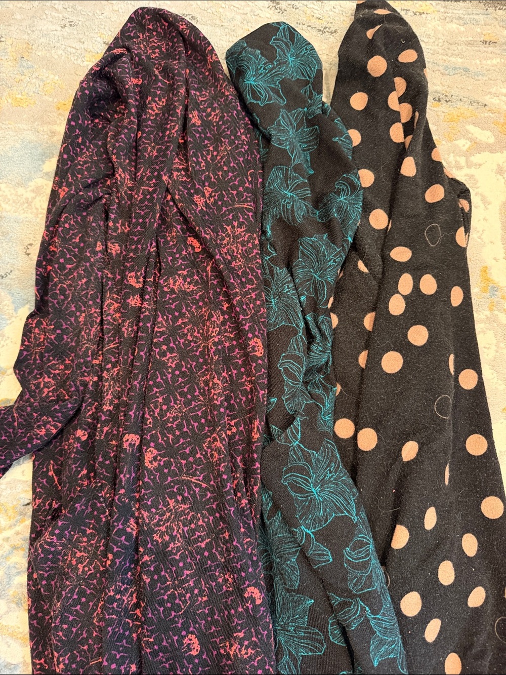 LOT - 3 Sarah Sweaters Lightweight Patterned - Black with Pink, Teal, and Tan L